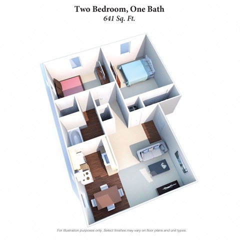 Floor plan for 2 beds, 1 bath, 641 sqft